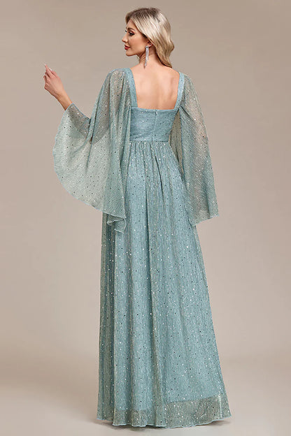 Long Sleeves Green Sparkly Tulle Prom Dress A Line Mother of the Bride Dress