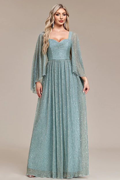 Long Sleeves Green Sparkly Tulle Prom Dress A Line Mother of the Bride Dress