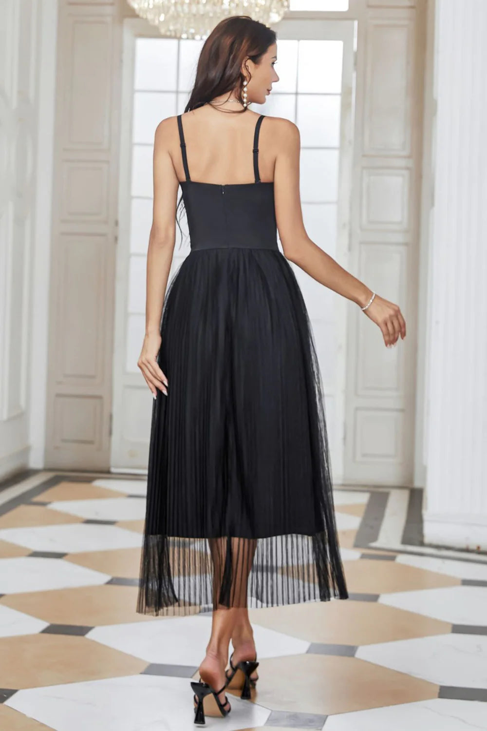 Sparkly Pleated Tulle Little Black Dress with Fringes