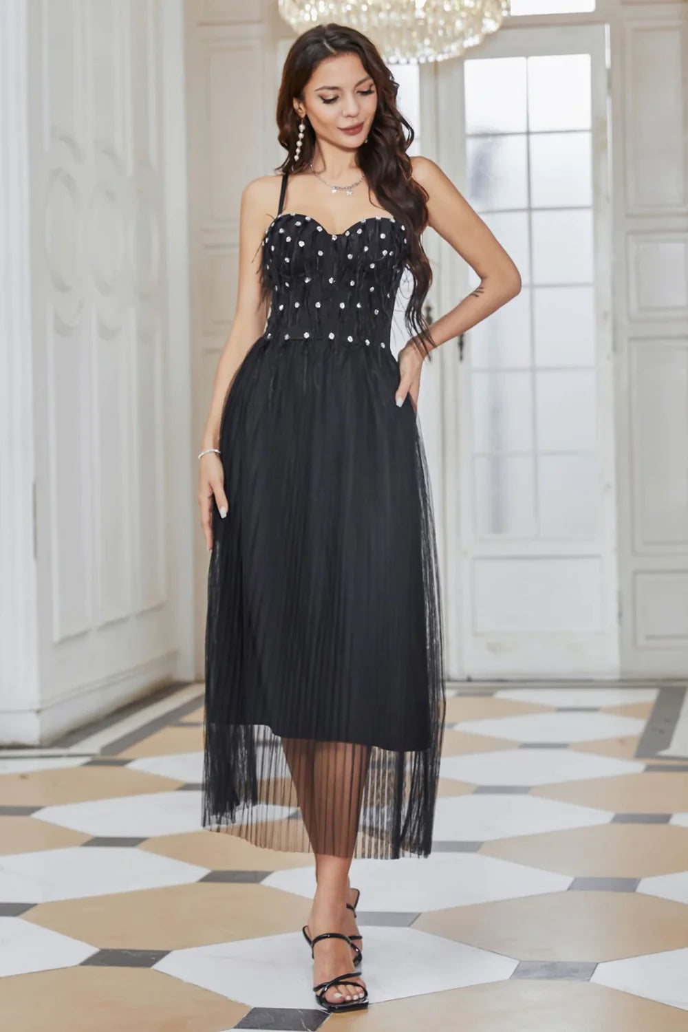 Sparkly Pleated Tulle Little Black Dress with Fringes