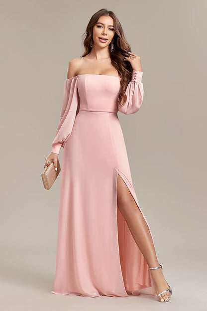 Blush A-Line Off the Shoulder Long Formal Dress with Slit