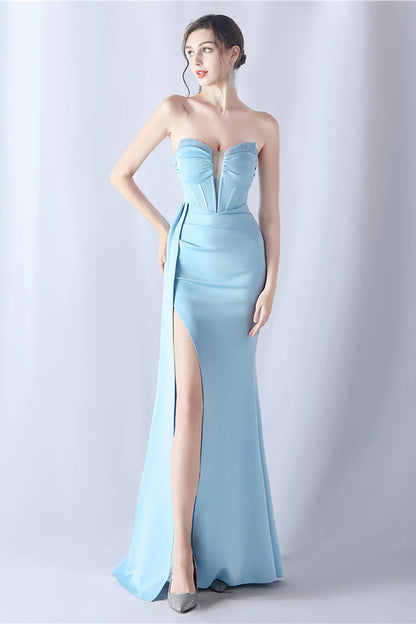 Navy Mermaid Strapless Long Corset Prom Dress with Slit