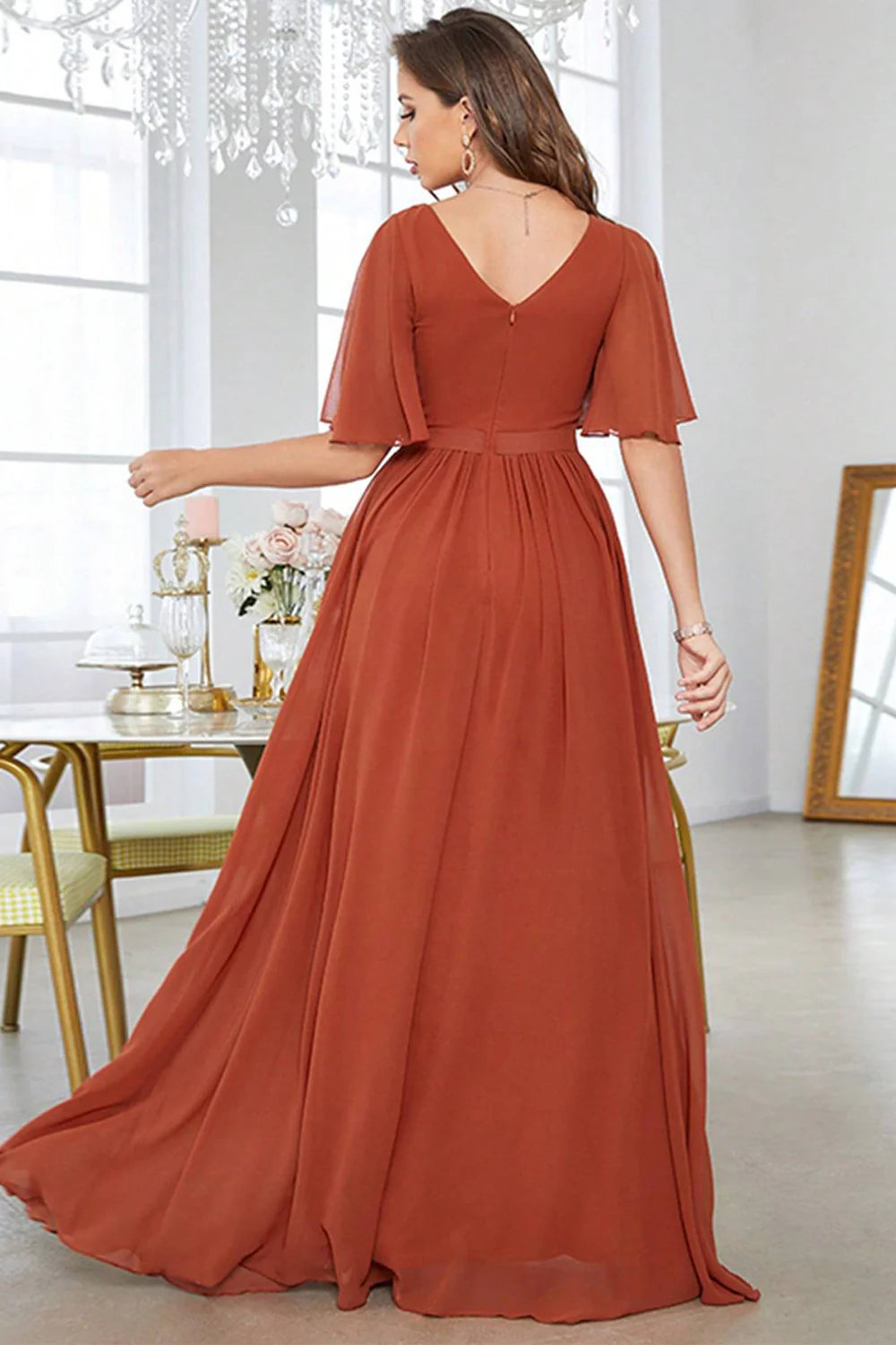 Brick Red A-Line Party Dress V-Neck Pleated Prom Dress With Short Slee Koutun Dress Brick Red A-Line Party Dress V-Neck Pleated Prom Dress With Short Slee Koutun Dress