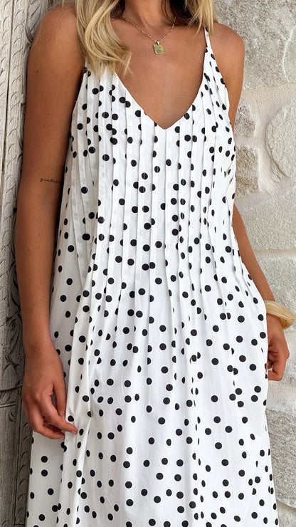 Casual-Chic V-Neck Spaghetti Strap Pleated Polka Dot Maxi Prom Dress with Pockets