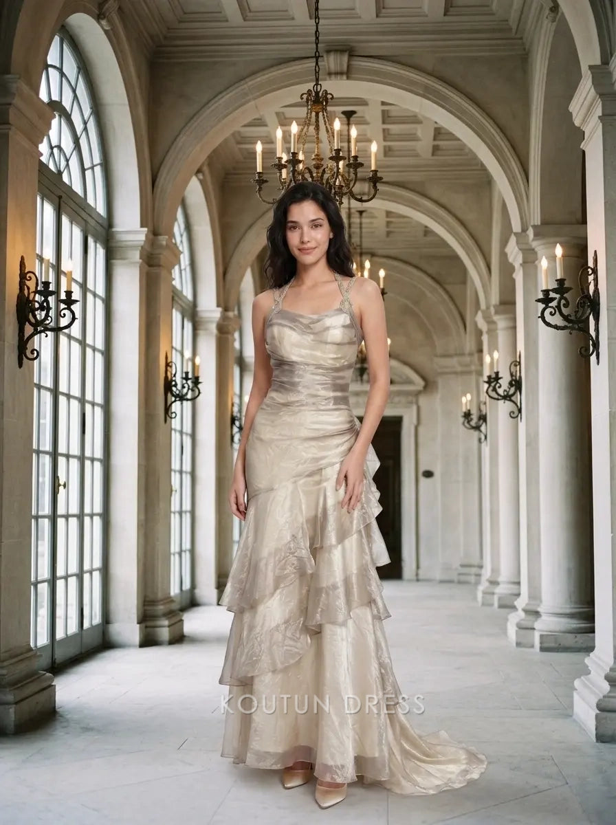 Champagne Beige Halter Neck Beaded Strap Cowl Neck High Low Tiered Ruffle Chiffon Formal Evening Prom Dress