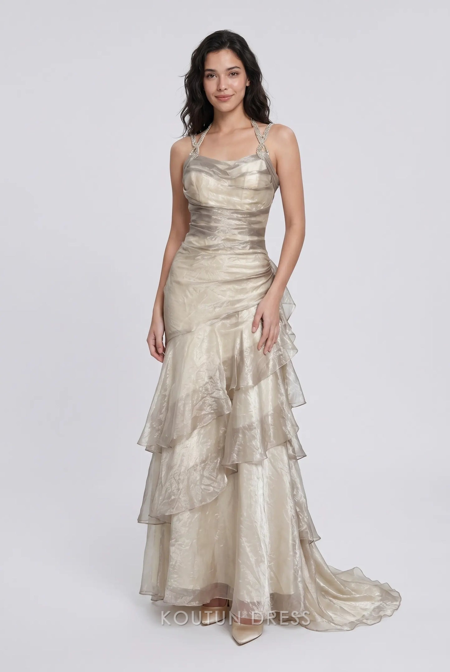 Champagne Beige Halter Neck Beaded Strap Cowl Neck High Low Tiered Ruffle Chiffon Formal Evening Prom Dress
