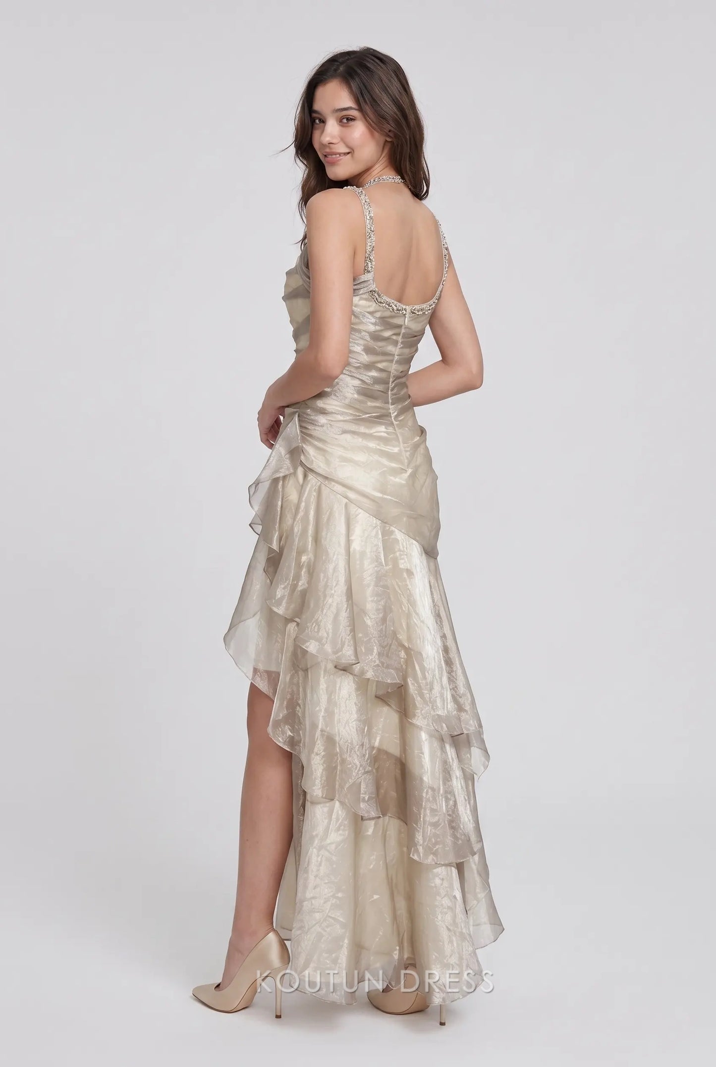 Champagne Beige Halter Neck Beaded Strap Cowl Neck High Low Tiered Ruffle Chiffon Formal Evening Prom Dress