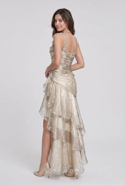 Champagne Beige Halter Neck Beaded Strap Cowl Neck High Low Tiered Ruffle Chiffon Formal Evening Prom Dress
