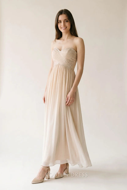 Champagne Beige Strapless Sweetheart Neck Cross Ruched Rhinestone Embellished Chiffon A Line Long Prom Dress