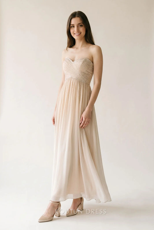 Champagne Beige Strapless Sweetheart Neck Cross Ruched Rhinestone Embellished Chiffon A Line Long Prom Dress