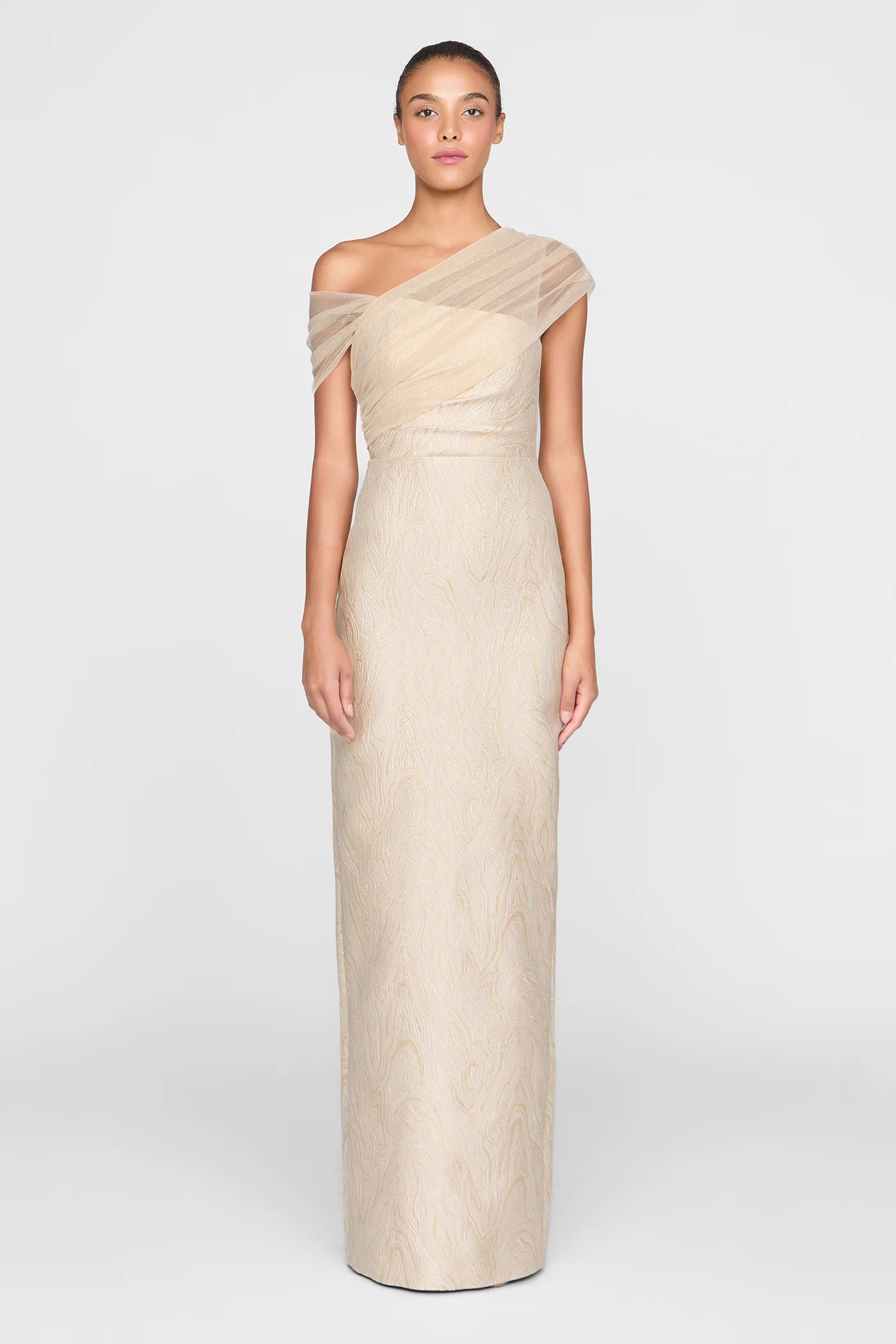 Champagne Gold Jacquard Sheath One Shoulder Draped Tulle Floor Length Formal Evening Prom Dress