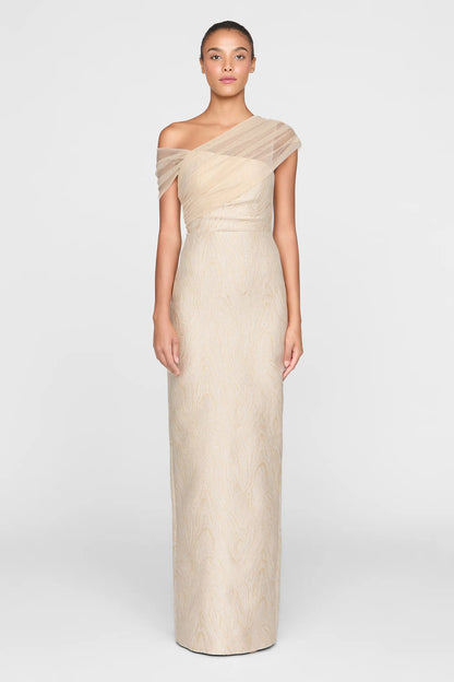 Champagne Gold Jacquard Sheath One Shoulder Draped Tulle Floor Length Formal Evening Prom Dress