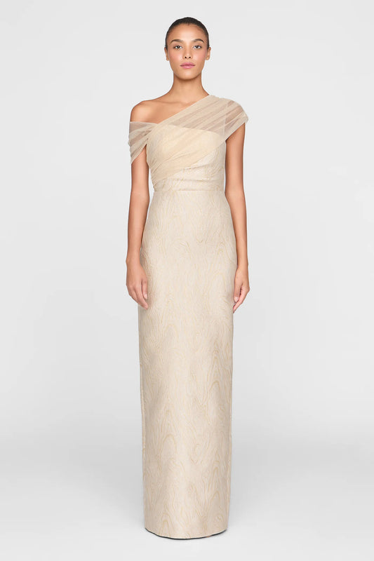 Champagne Gold Jacquard Sheath One Shoulder Draped Tulle Floor Length Formal Evening Prom Dress