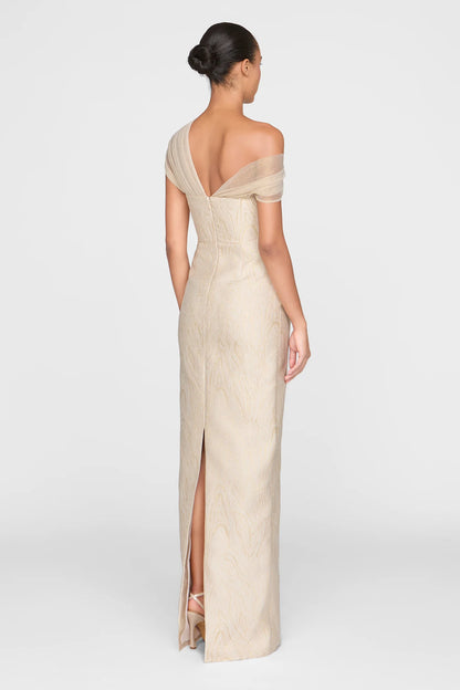 Champagne Gold Jacquard Sheath One Shoulder Draped Tulle Floor Length Formal Evening Prom Dress