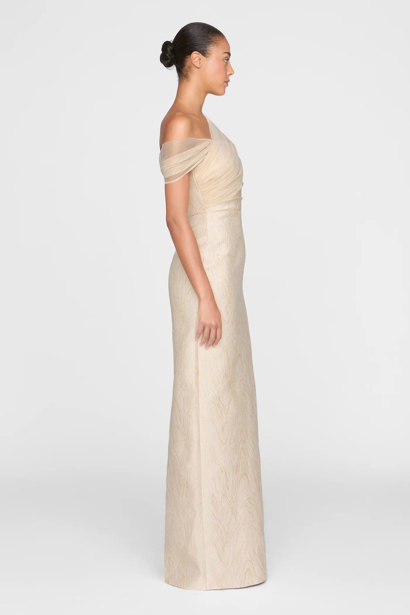 Champagne Gold Jacquard Sheath One Shoulder Draped Tulle Floor Length Formal Evening Prom Dress