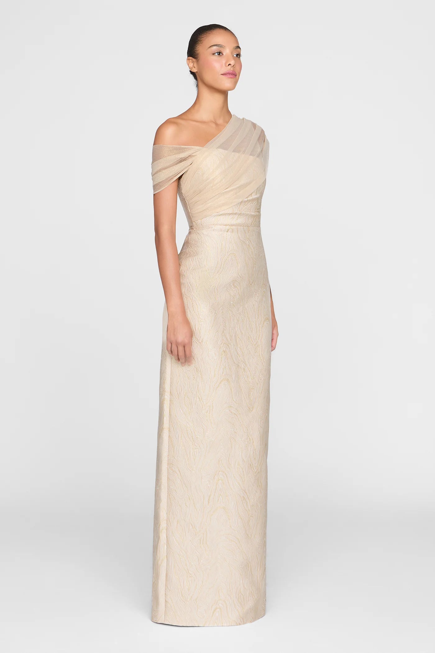 Champagne Gold Jacquard Sheath One Shoulder Draped Tulle Floor Length Formal Evening Prom Dress
