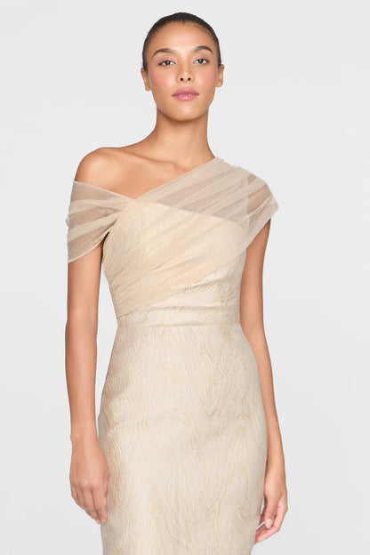 Champagne Gold Jacquard Sheath One Shoulder Draped Tulle Floor Length Formal Evening Prom Dress