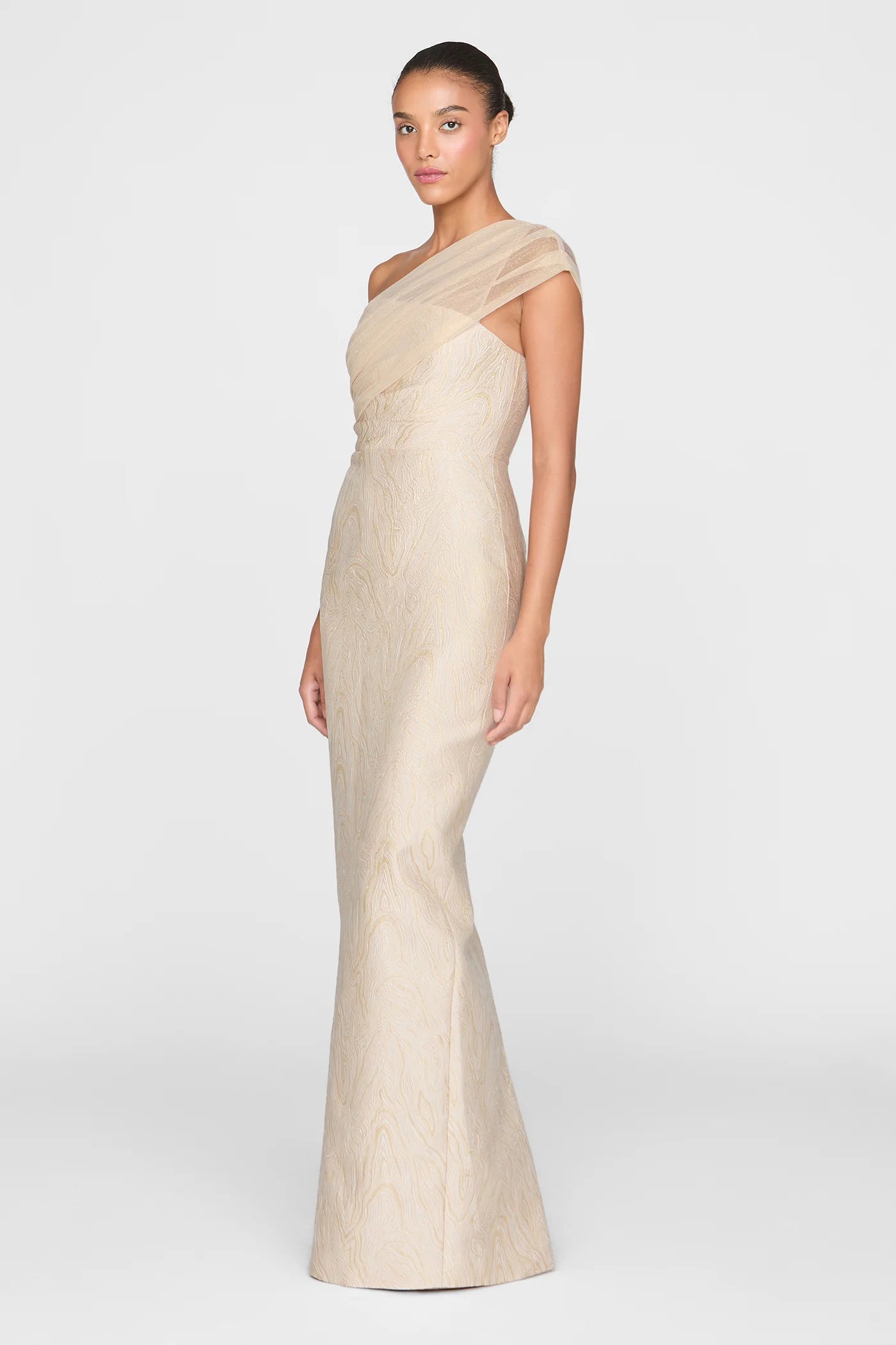 Champagne Gold Jacquard Sheath One Shoulder Draped Tulle Floor Length Formal Evening Prom Dress