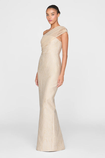 Champagne Gold Jacquard Sheath One Shoulder Draped Tulle Floor Length Formal Evening Prom Dress