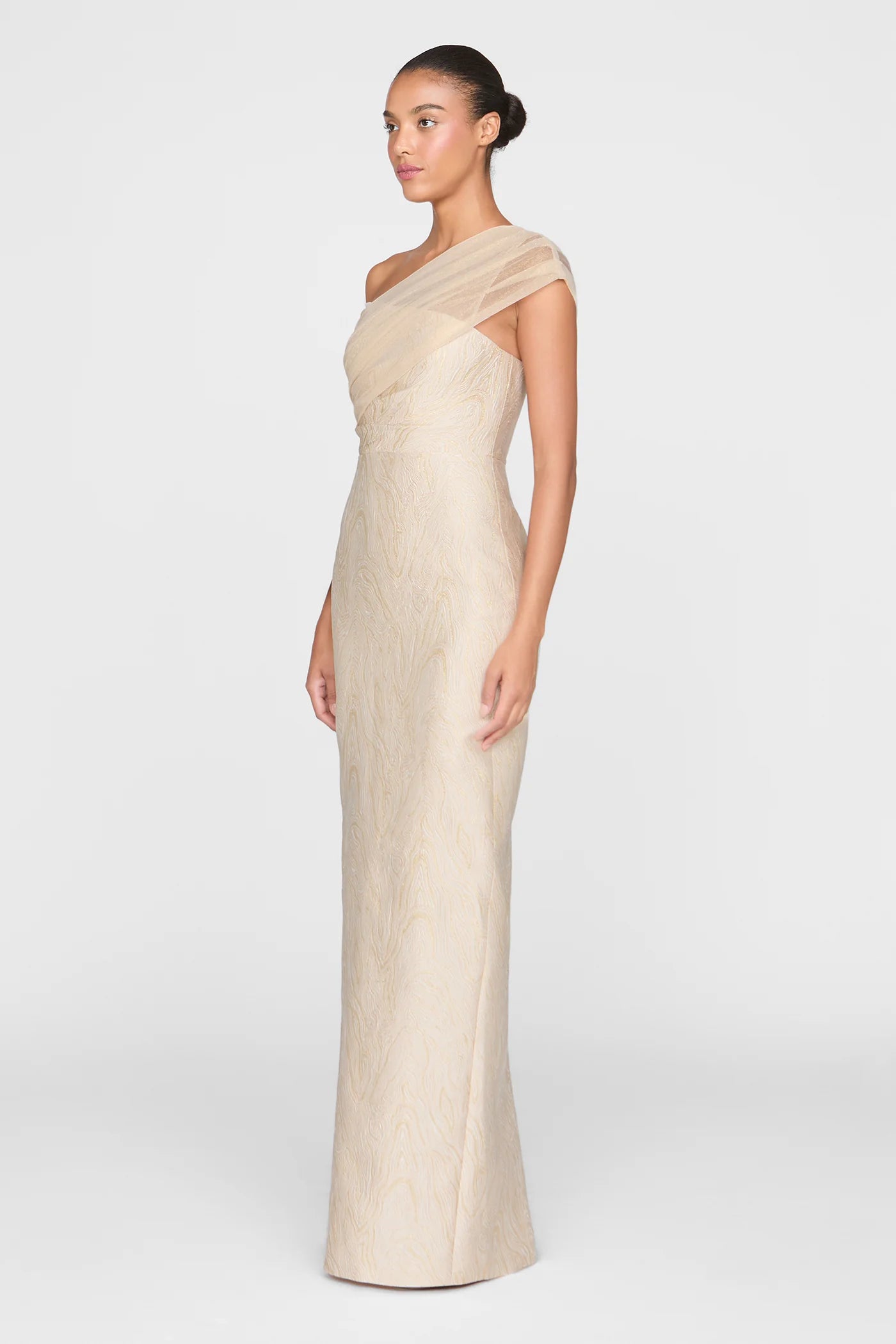 Champagne Gold Jacquard Sheath One Shoulder Draped Tulle Floor Length Formal Evening Prom Dress