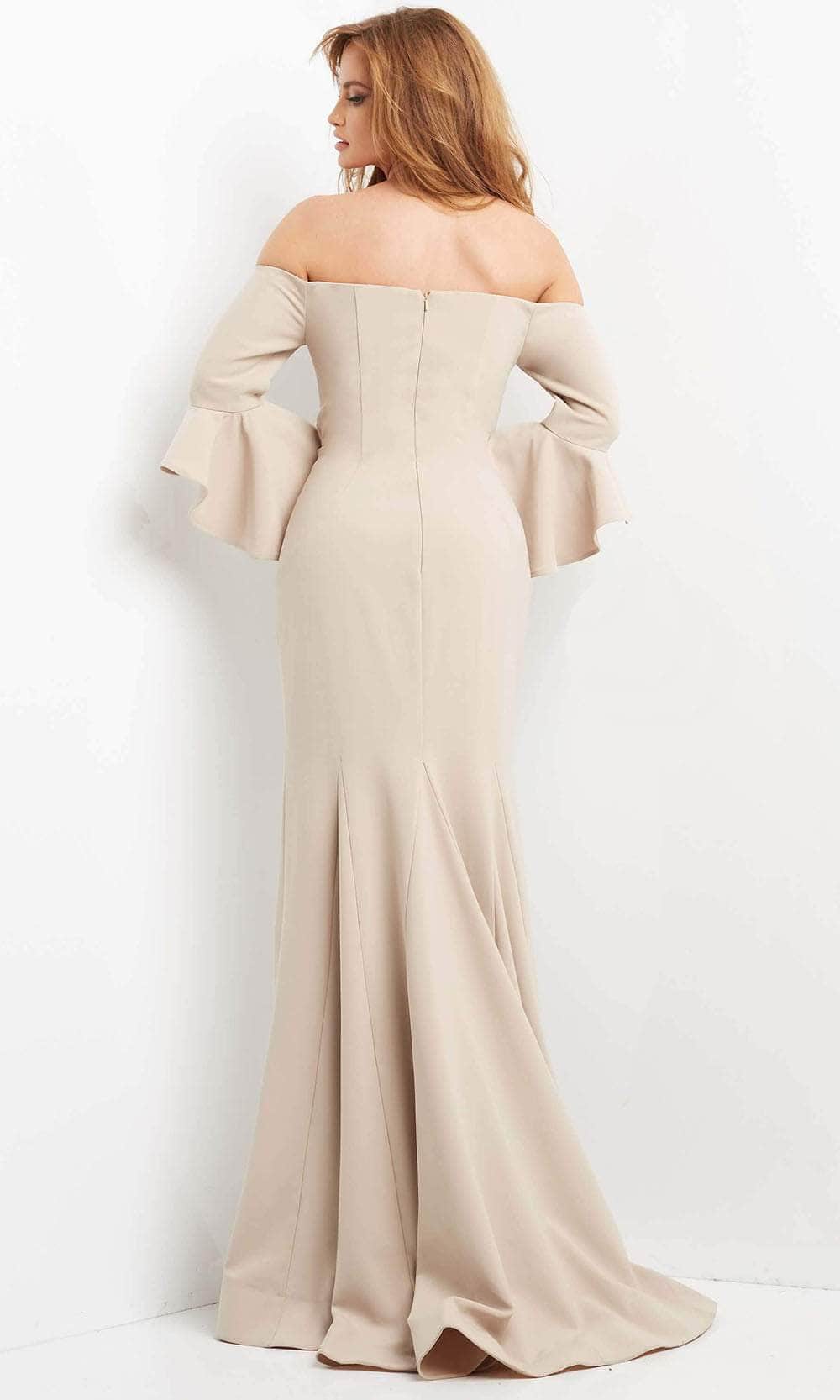 Champagne Off Shoulder Prom Dress With Bell Sleeves Ruched Waist And Crepe Mermaid Formal Prom Dress