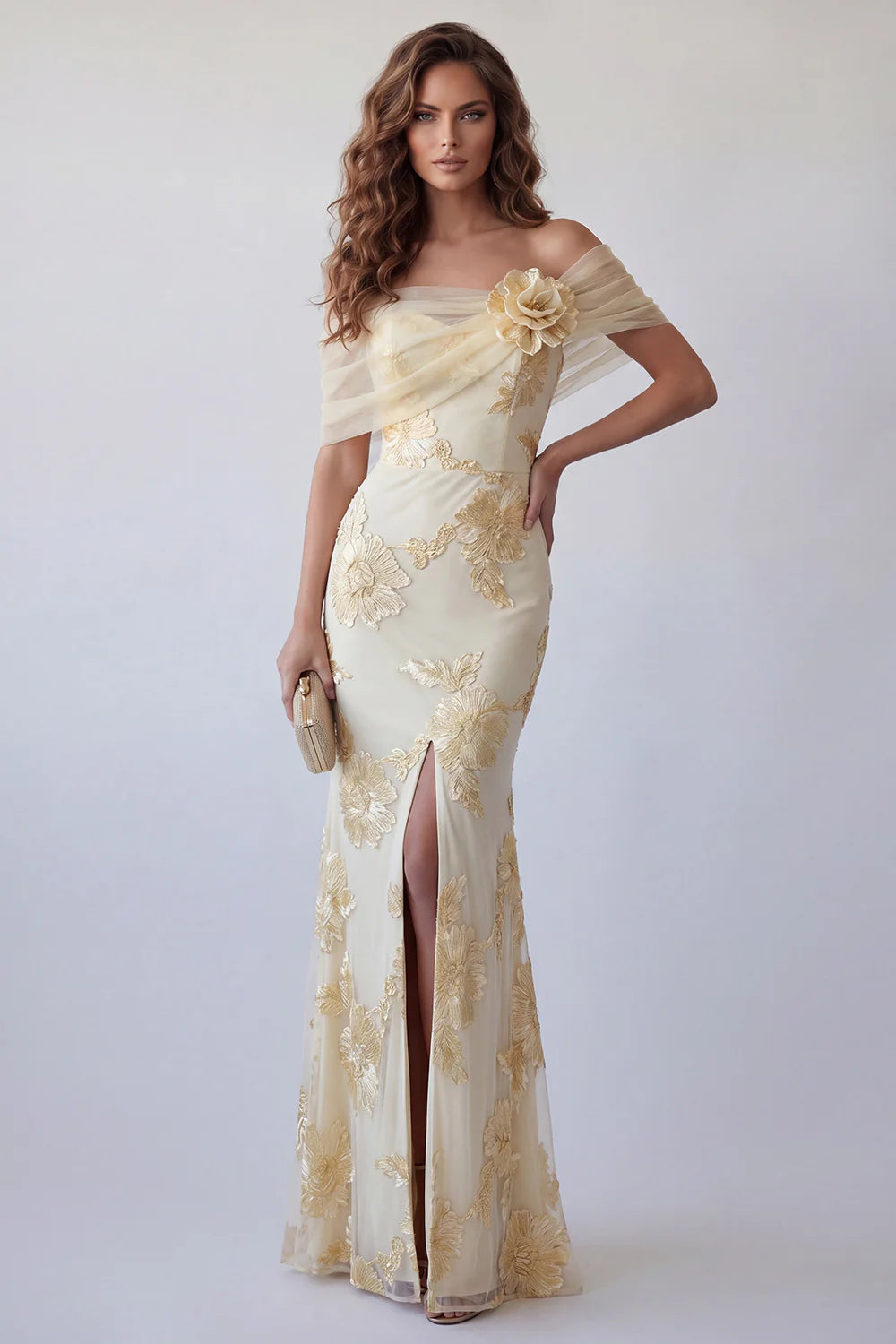 Champagne Off Shoulder Prom Dress With Gold Floral Applique High Slit Formal Prom Dress