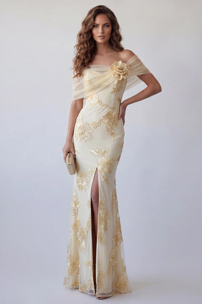 Champagne Off Shoulder Prom Dress With Gold Floral Applique High Slit Formal Prom Dress