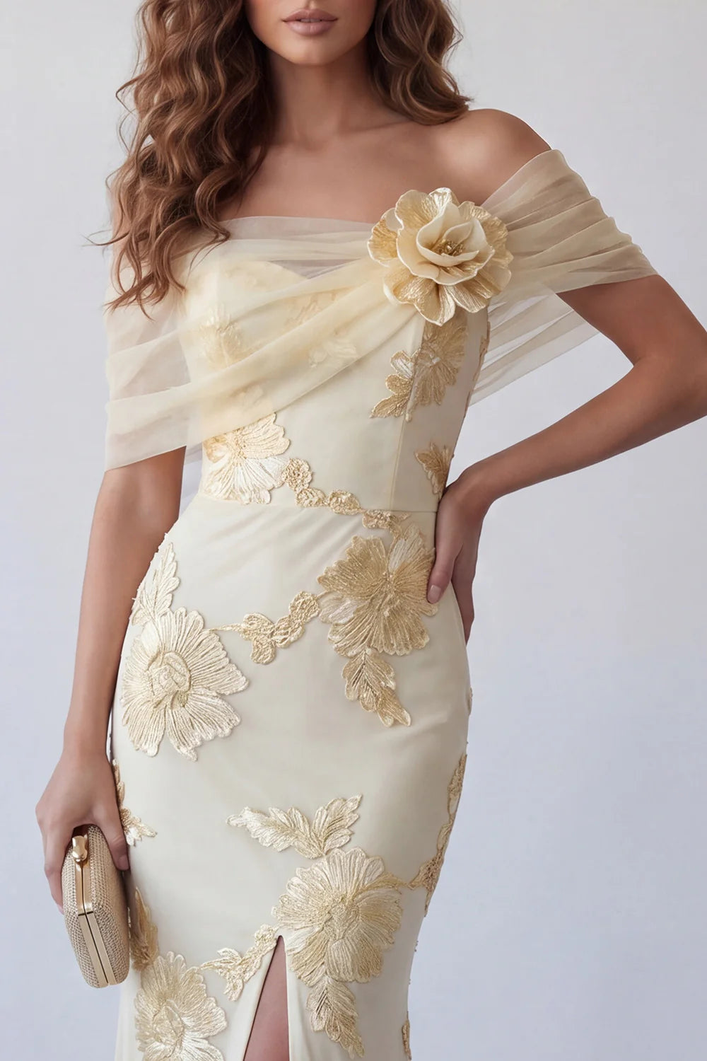 Champagne Off Shoulder Prom Dress With Gold Floral Applique High Slit Formal Prom Dress
