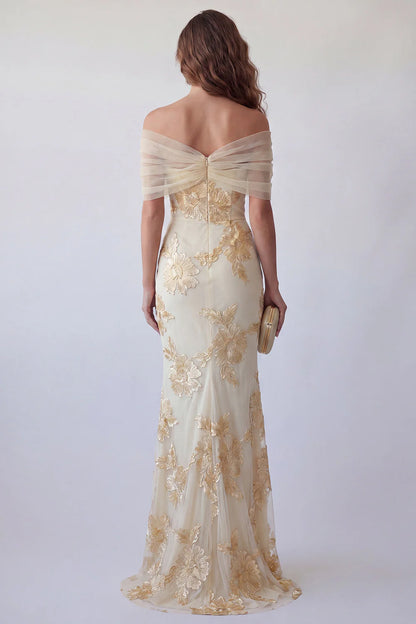 Champagne Off Shoulder Prom Dress With Gold Floral Applique High Slit Formal Prom Dress