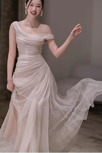 Champagne One Shoulder Prom Dress with Ruched Tulle and Sequin Lining for Formal Events and Prom Nights