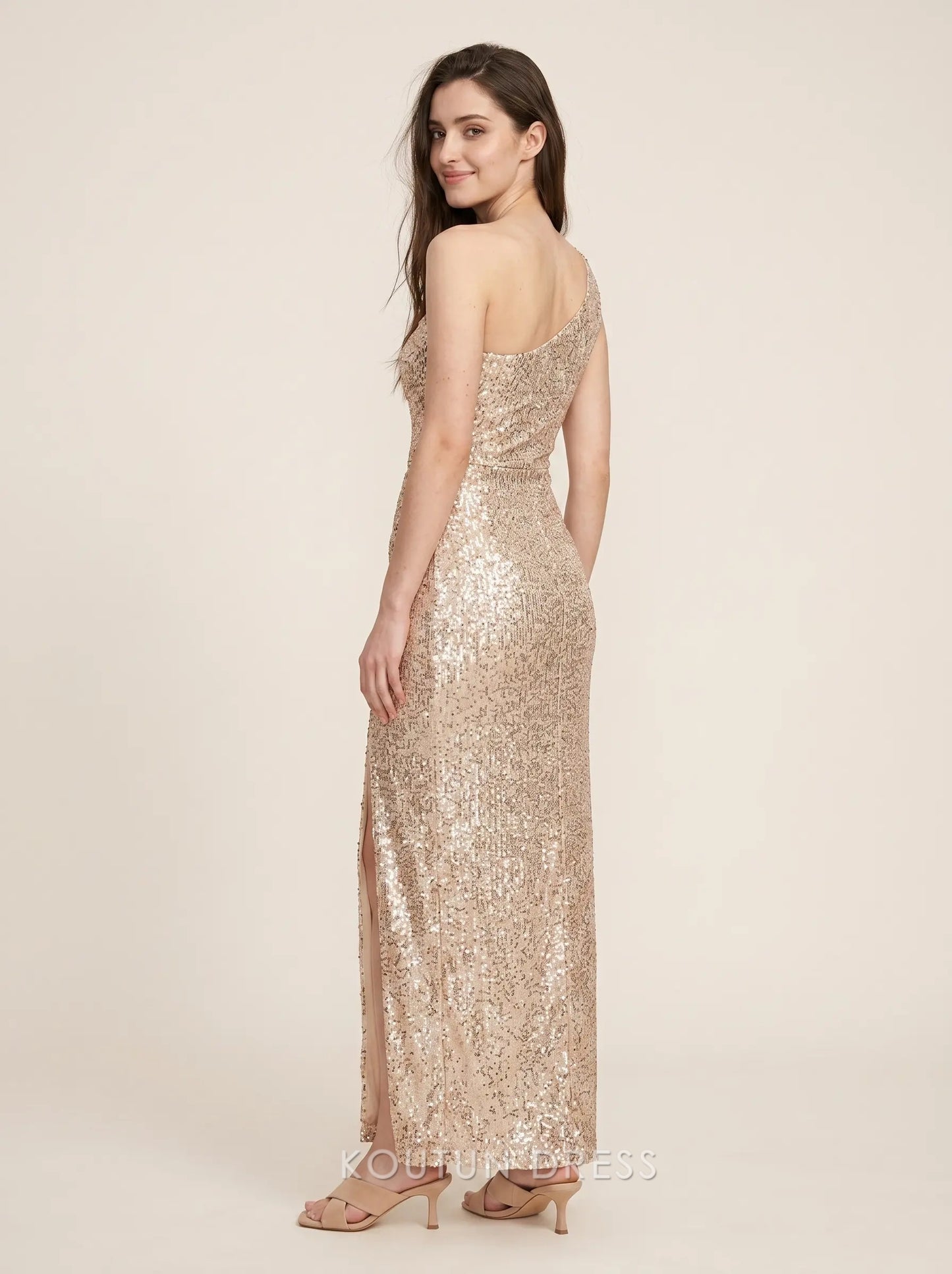 Champagne One Shoulder Ruched Sequin Mermaid High Slit Floor Length Formal Evening Prom Dress