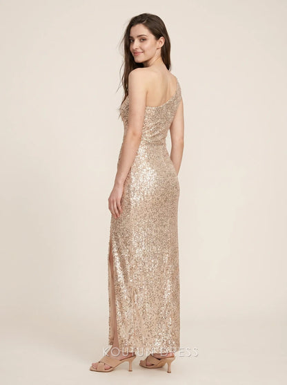 Champagne One Shoulder Ruched Sequin Mermaid High Slit Floor Length Formal Evening Prom Dress