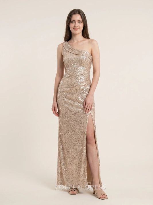 Champagne One Shoulder Ruched Sequin Mermaid High Slit Floor Length Formal Evening Prom Dress