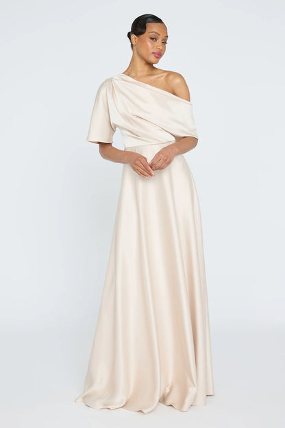 Champagne Satin A Line One Shoulder Asymmetric Draped Short Sleeve Floor Length Formal Evening Prom Dress