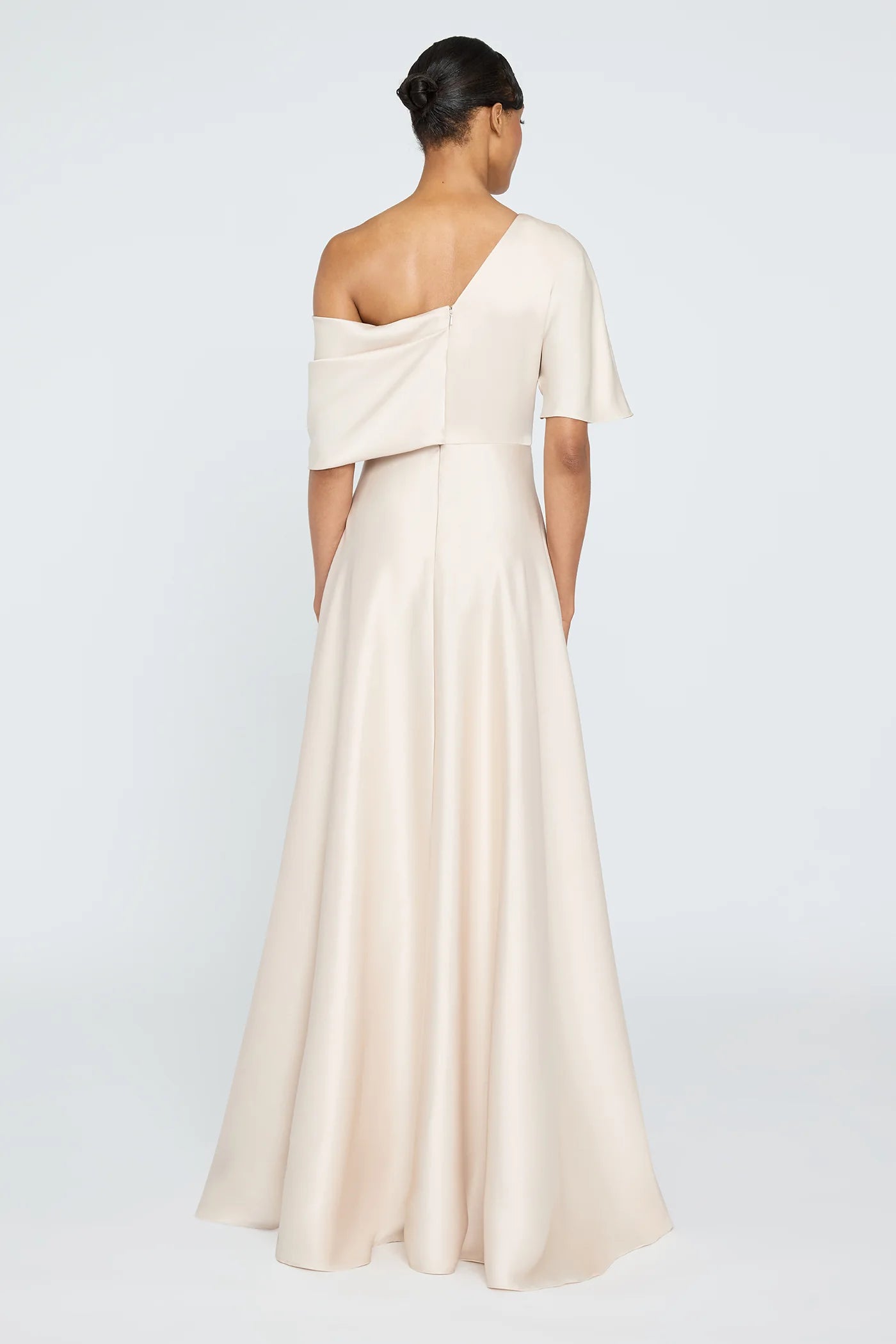 Champagne Satin A Line One Shoulder Asymmetric Draped Short Sleeve Floor Length Formal Evening Prom Dress