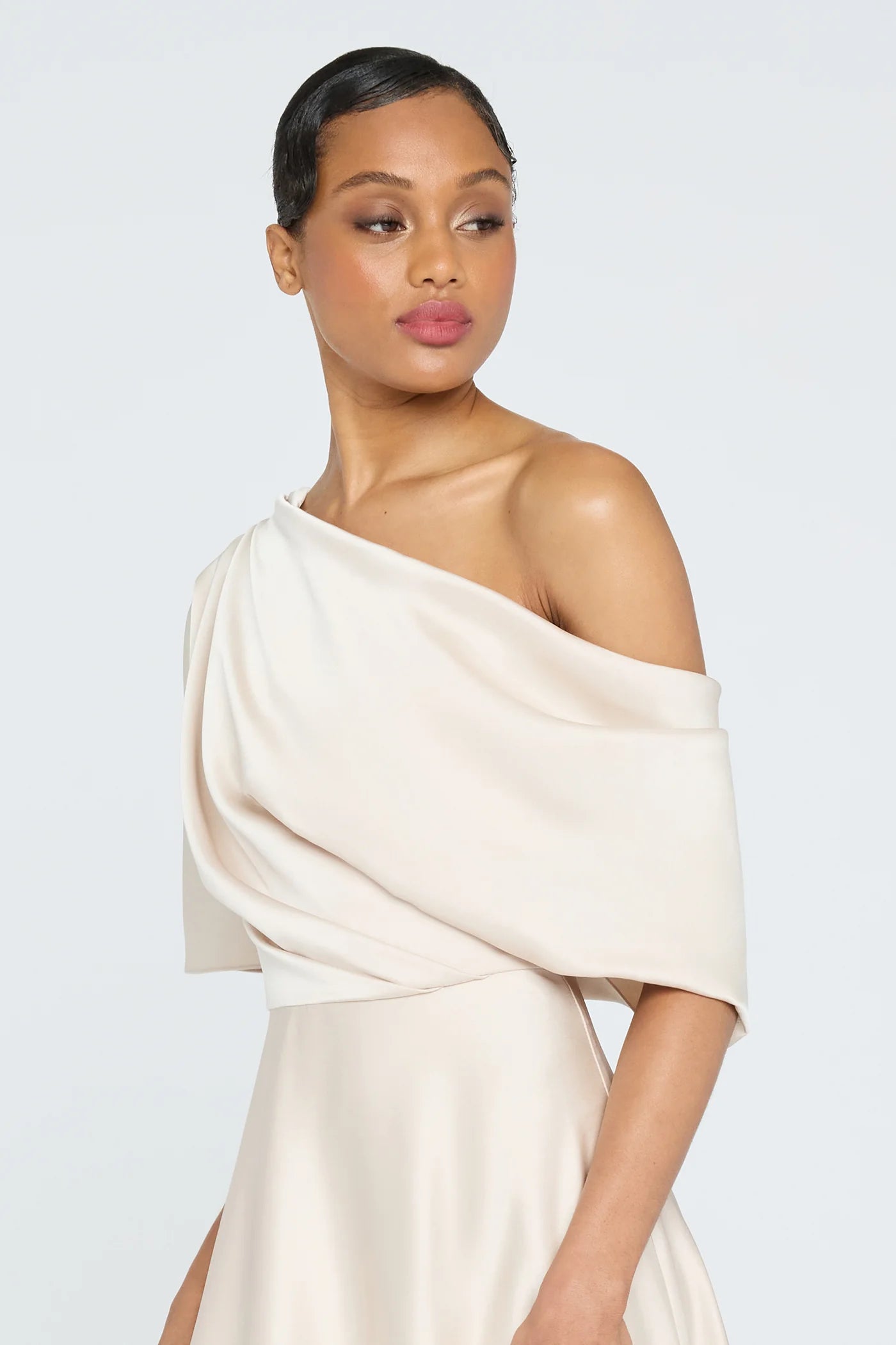 Champagne Satin A Line One Shoulder Asymmetric Draped Short Sleeve Floor Length Formal Evening Prom Dress