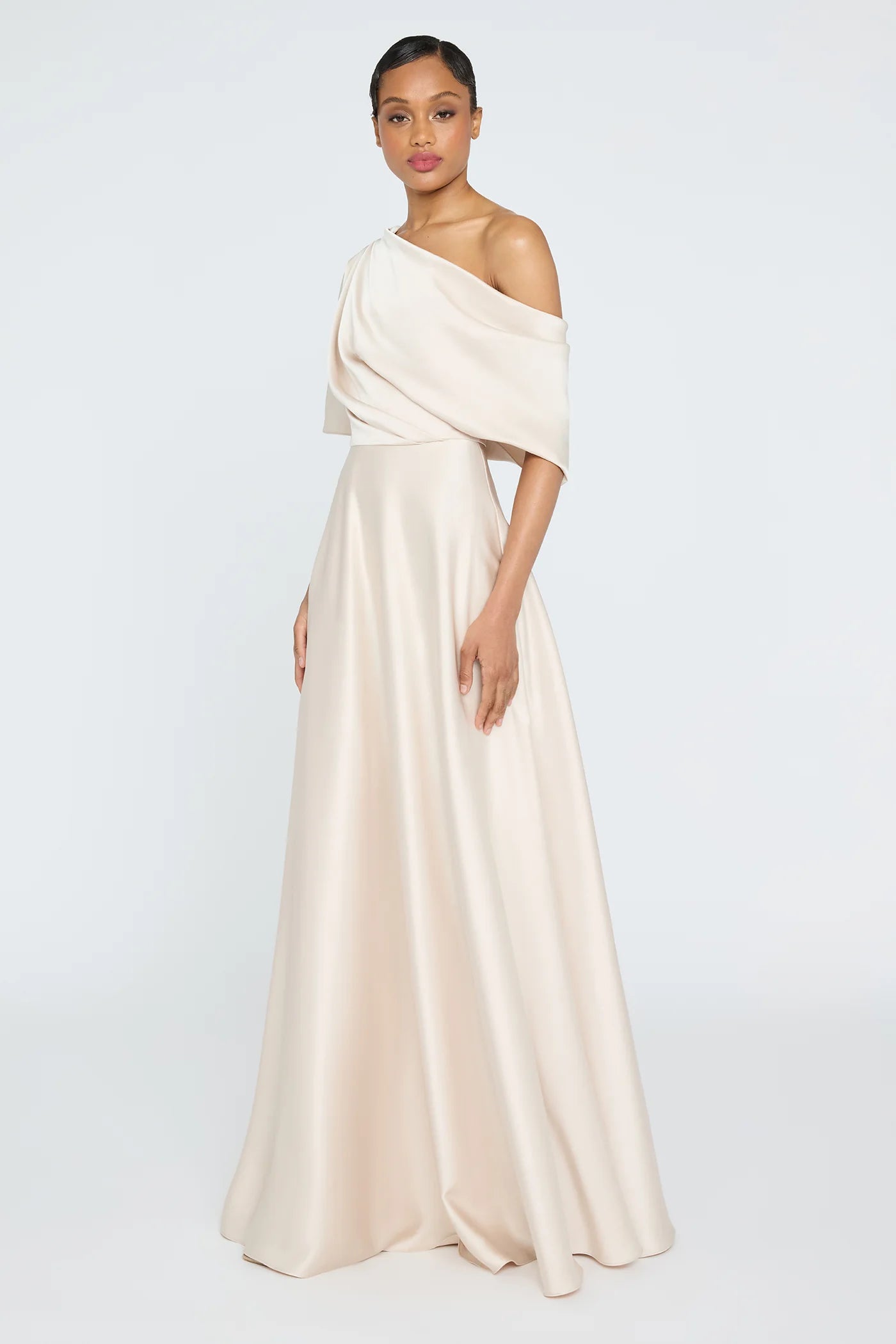 Champagne Satin A Line One Shoulder Asymmetric Draped Short Sleeve Floor Length Formal Evening Prom Dress