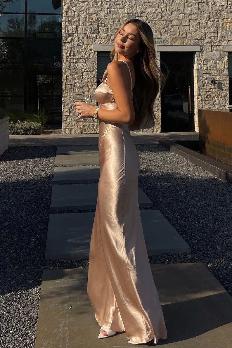 Champagne Satin Spaghetti Strap Sweetheart Neck Mermaid Long Prom Dress