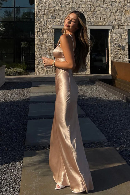 Champagne Satin Spaghetti Strap Sweetheart Neck Mermaid Long Prom Dress