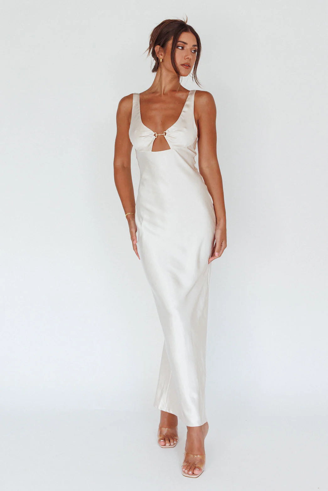 Champagne Satin U-Neck Cutout Ring Detail Maxi Prom Dress