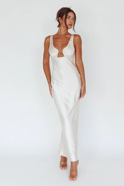 Champagne Satin U-Neck Cutout Ring Detail Maxi Prom Dress