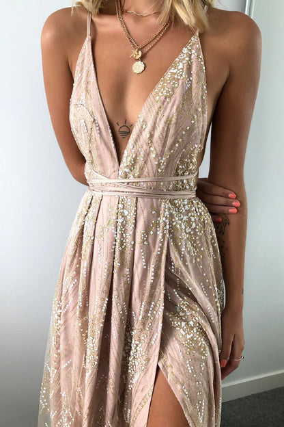Champagne Sequined V-Neck Backless Midi Prom Dresses for Party Wedding Formal Events