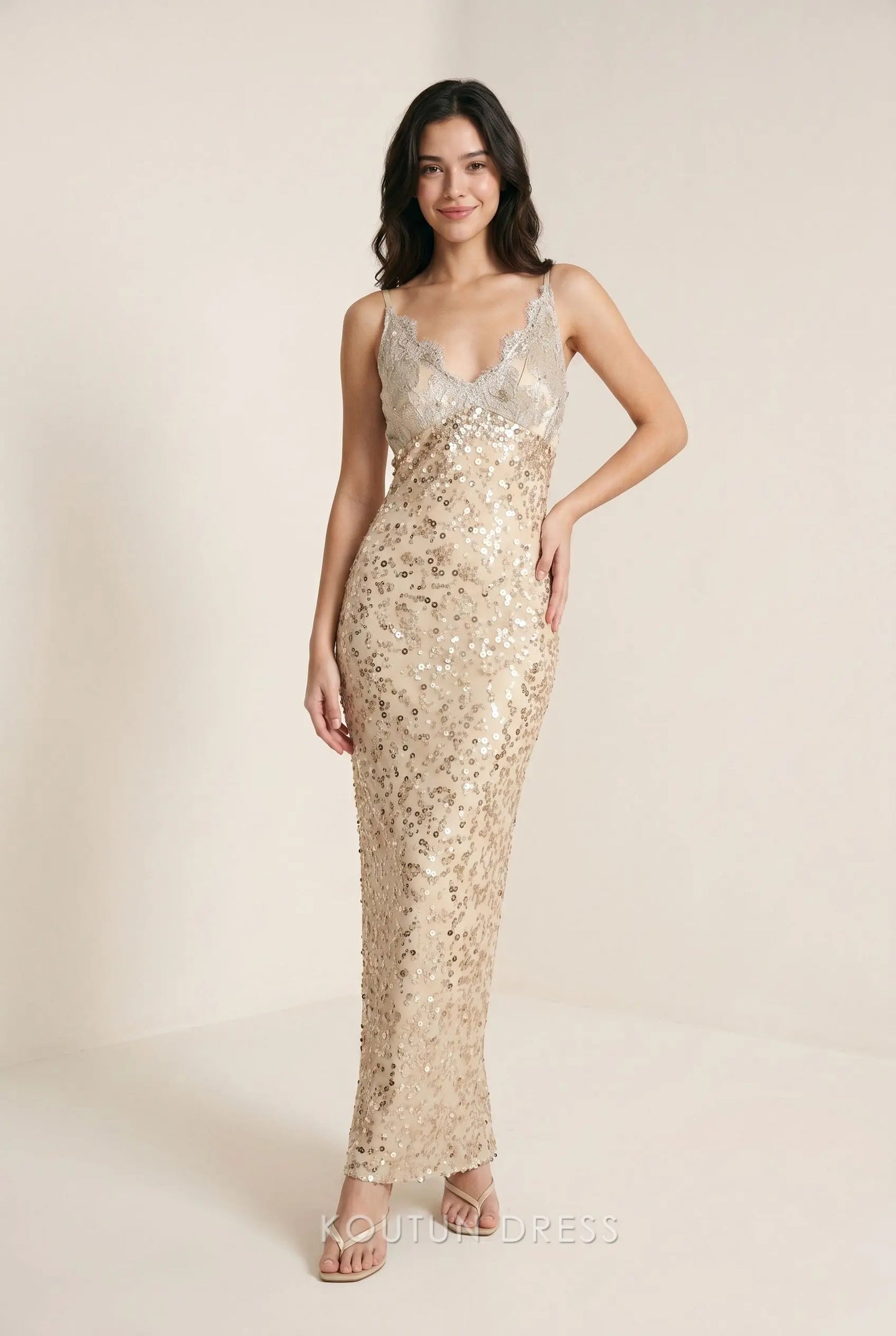Champagne Spaghetti Strap V Neck Lace Bodice Sequin Embellished Mermaid Floor Length Prom Dress