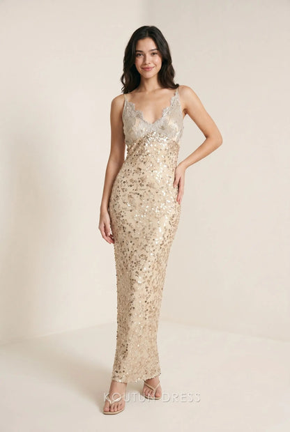 Champagne Spaghetti Strap V Neck Lace Bodice Sequin Embellished Mermaid Floor Length Prom Dress