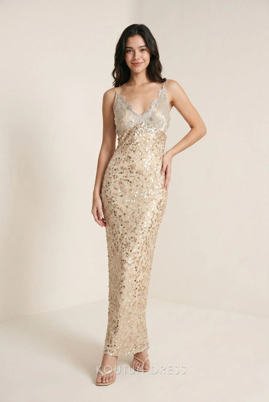 Champagne Spaghetti Strap V Neck Lace Bodice Sequin Embellished Mermaid Floor Length Prom Dress