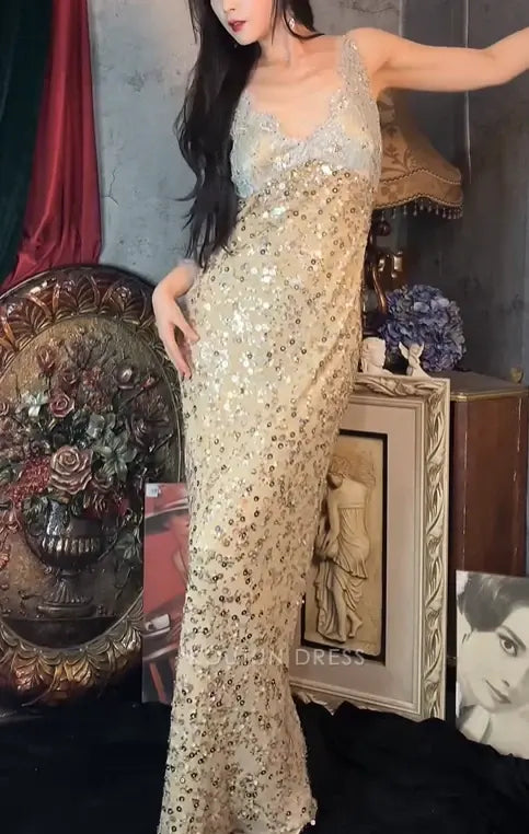 Champagne Spaghetti Strap V Neck Lace Bodice Sequin Embellished Mermaid Floor Length Prom Dress