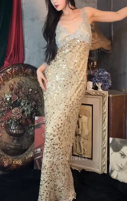 Champagne Spaghetti Strap V Neck Lace Bodice Sequin Embellished Mermaid Floor Length Prom Dress