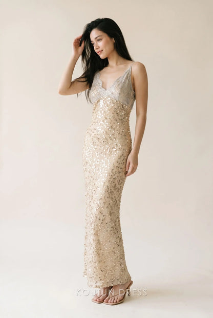 Champagne Spaghetti Strap V Neck Lace Bodice Sequin Embellished Mermaid Floor Length Prom Dress