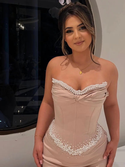 Champagne Strapless Mermaid Prom Dress With Pearl Embellished Corset Bodice Formal Prom Dress