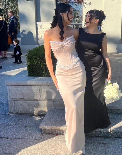 Champagne Strapless Mermaid Prom Dress With Pearl Embellished Corset Bodice Formal Prom Dress
